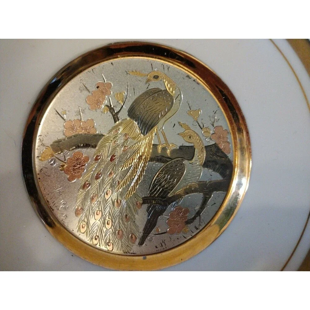 Vintage Japanese Chokin Small Peacock Plate Asian Gold Tone Trim